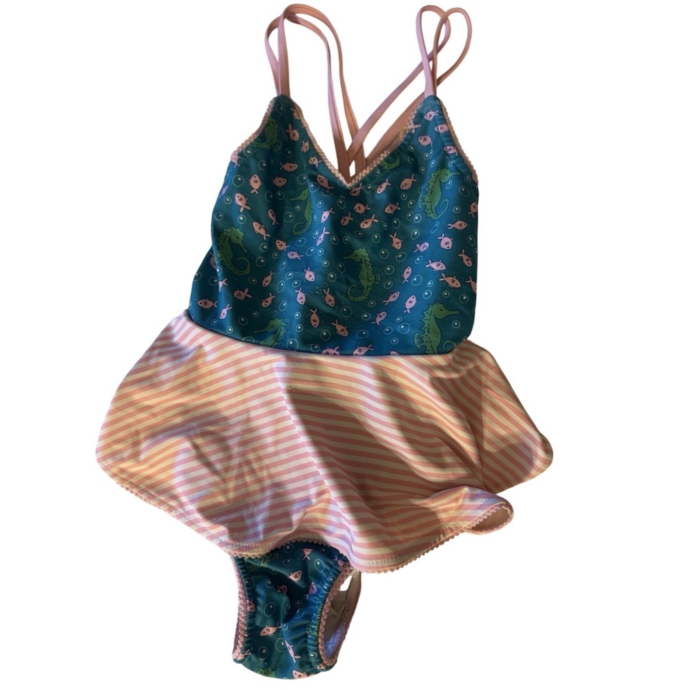 SweetHoney‎ Sweet Honey 3T Toddler Girl Skirted Swimsuit Pink Green White Fish